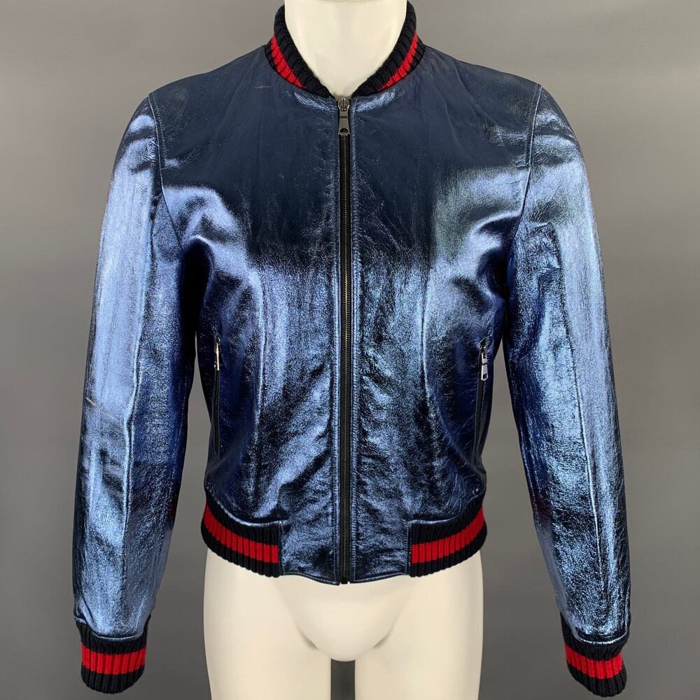 GUCCI Size 36 Blue Metallic Stripe Leather Bomber Jacket